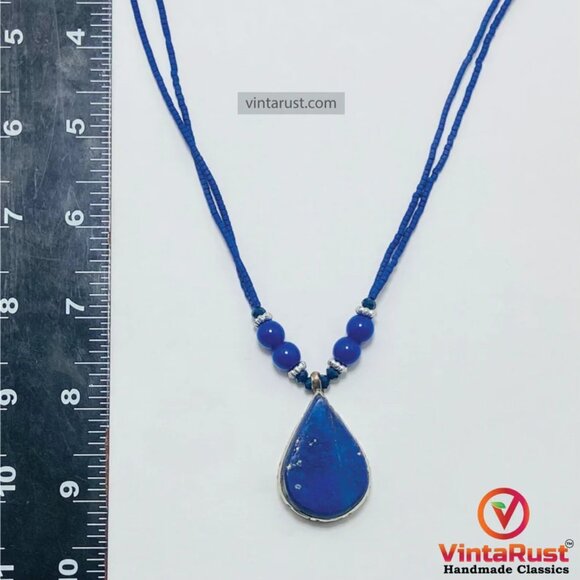 Lapis Lazuli Tear Drop Pendant Necklace: Beaded Gemstone Jewelry - Picture 9 of 11